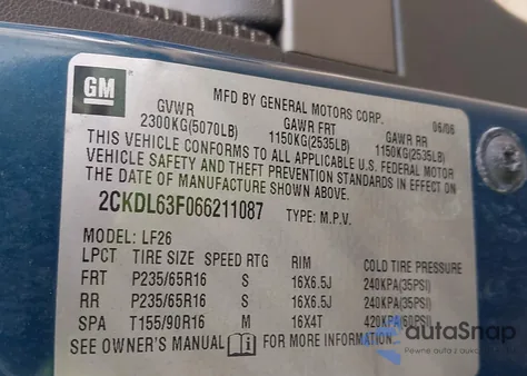 2006 Pontiac Torrent из США, поврежденный, VIN 2CKDL63F066211087